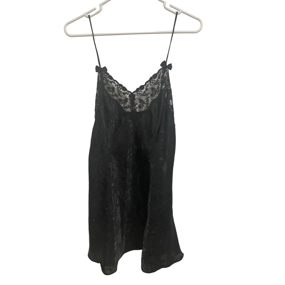 Vintage Victoria's Secret Slip Dress Black Lace Satin Jacquard Y2K Lingerie Med
